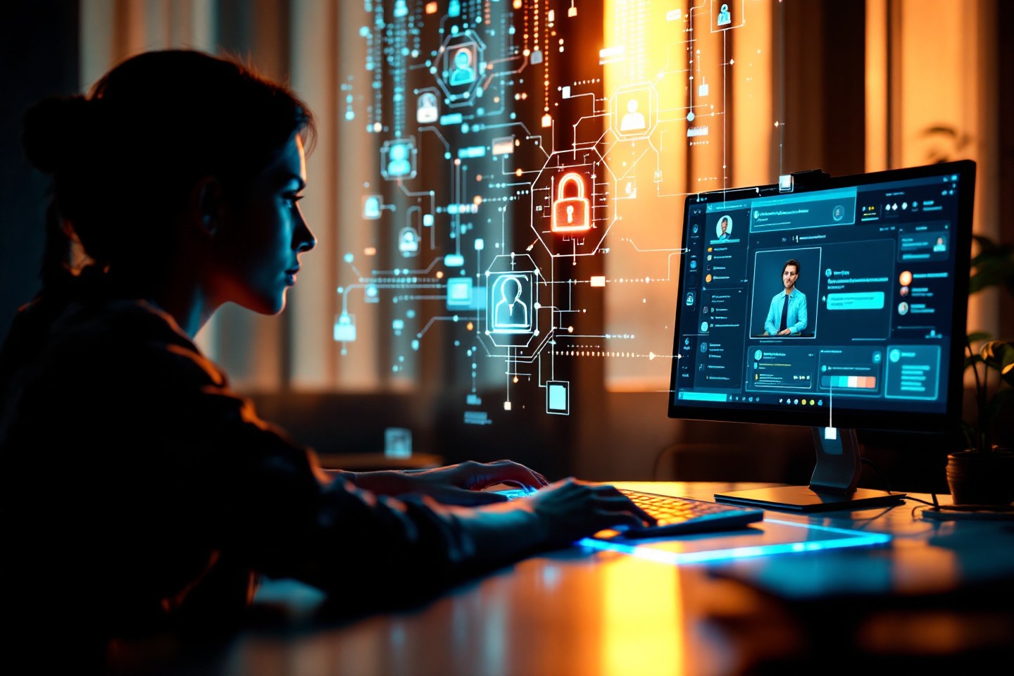 Psikolog AI ile yapılan dijital bir görüşmeyi gösteren illüstrasyon; online terapide gizliliği sağlamak için şifrelenmiş verileri gösteriyor.