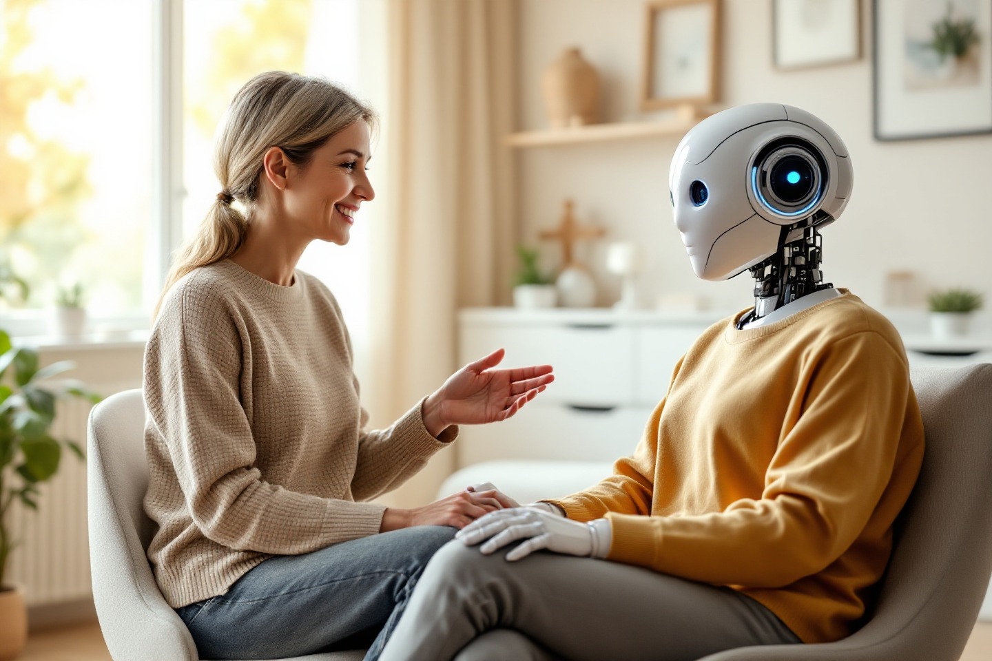 Bir kişiye yardım etmek için birlikte çalışan insan bir terapist ile bir yapay zekâ robotunu gösteren, ruh sağlığında yapay zekâ iş birliğini anlatan çizim.