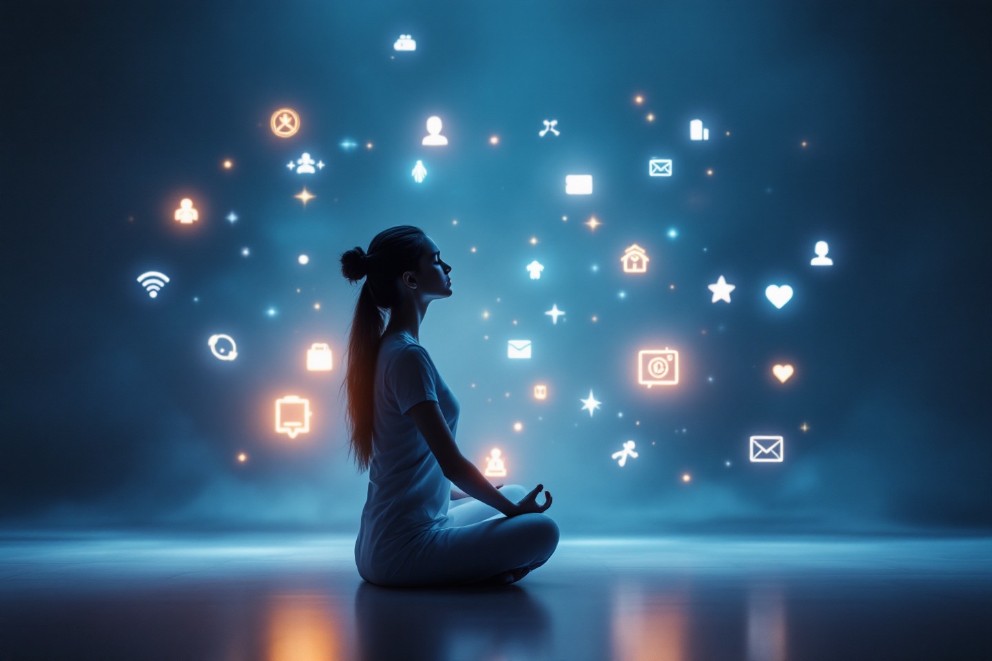 Etrafında süzülen dijital simgelerle meditasyon pozisyonunda oturan bir kişi; kaygı için yapay zeka psikoloğunun dijital stresle başa çıkmaya nasıl yardımcı olduğunu gösteriyor.