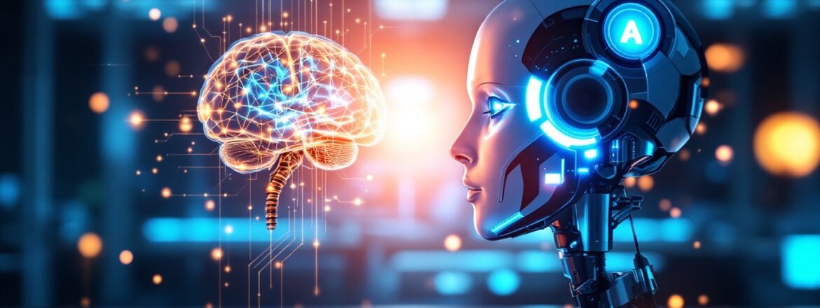 İnsan beyni ve bir yapay zeka robotunu gösteren grafik tasarım; ruh sağlığında yapay zekanın psikoloğun yerini alıp alamayacağı tartışmasını simgeliyor.